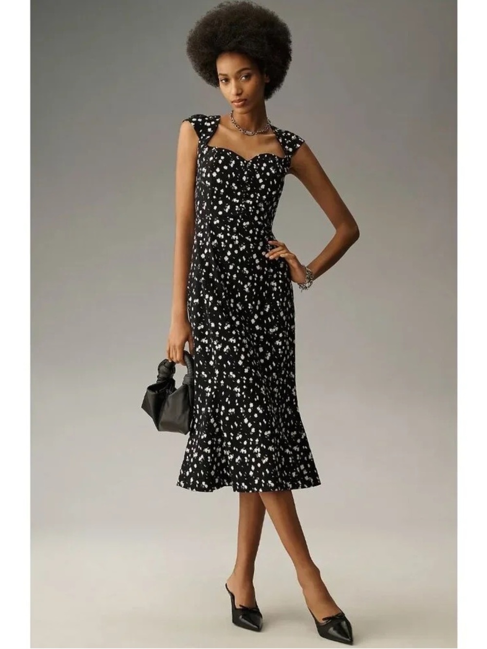 Anthropologie Black & White Heart-Print Sweetheart Midi Dress